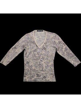 Y2K Jaloux Zalu Womens Beige Boho Cottage Sheer Paisley 3/4 Sleeves Top Small